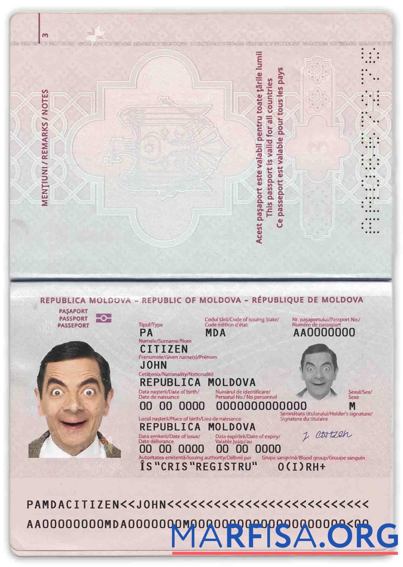Realistic Moldova passport (2014 – present) example